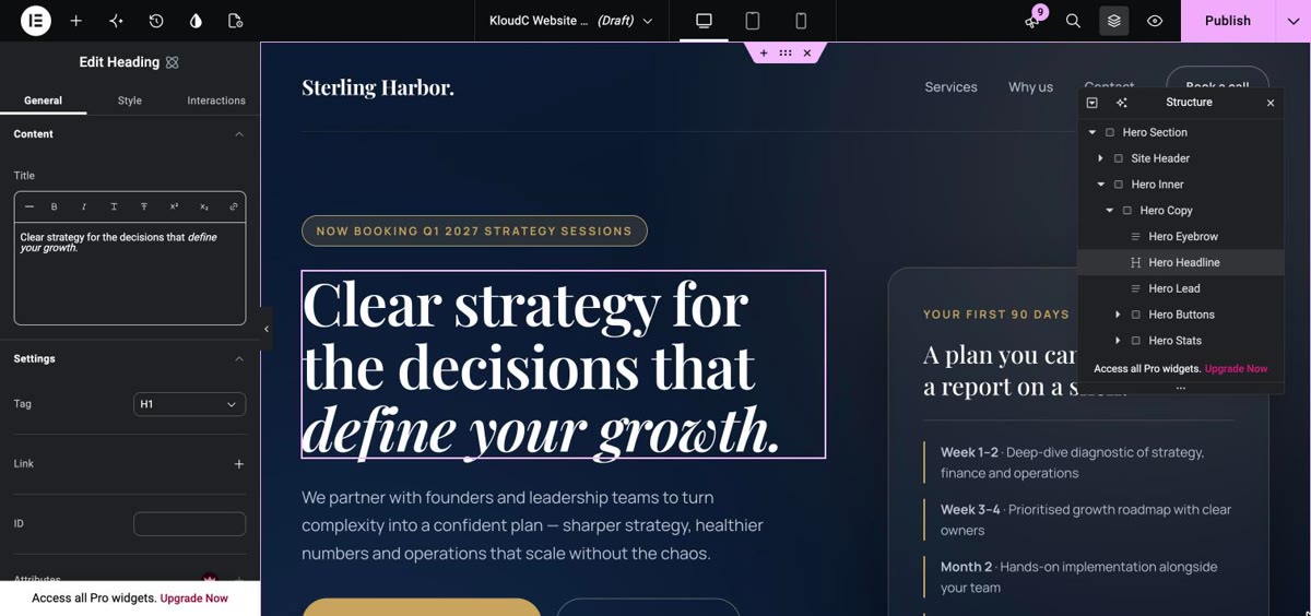 Elementor V4 editor showing native heading settings and the Structure panel for a fictional sample landing page built in an AI-assisted demonstration