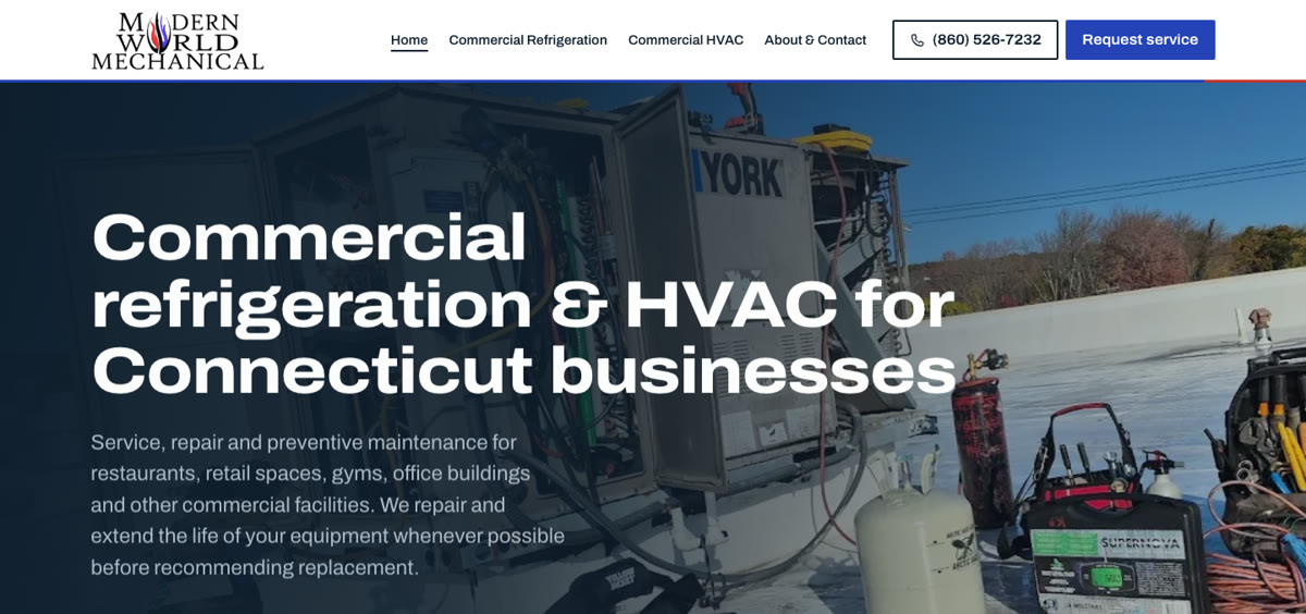 Homepage of the Modern World Mechanical website prototype, showing the commercial refrigeration and HVAC hero, navigation, and service request buttons